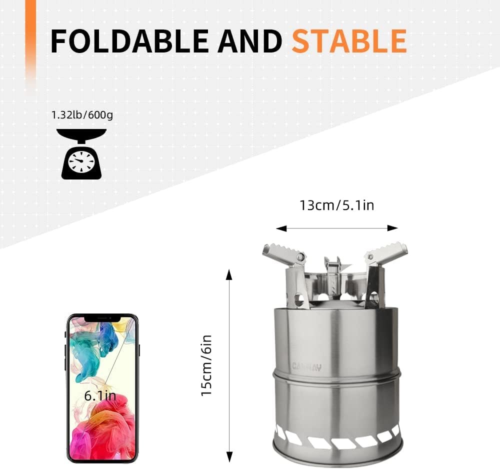 CANWAY Camping Stove , Portable Stainless Steel Wood Burning Survival Stove with Nylon Carry Bag for Outdoor Backpacking Hiking Traveling Picnic BBQ