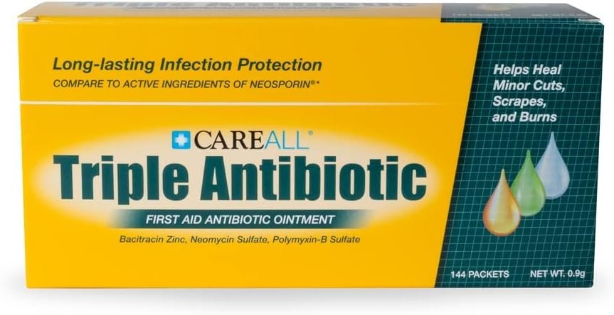 CareALL® Triple Antibiotic Ointment 0.9gr Pack of 144 Foil Packets, First Aid for Minor Scratches and Wounds and Prevents Infection, Compare to The Active Ingredients of Leading Brand.