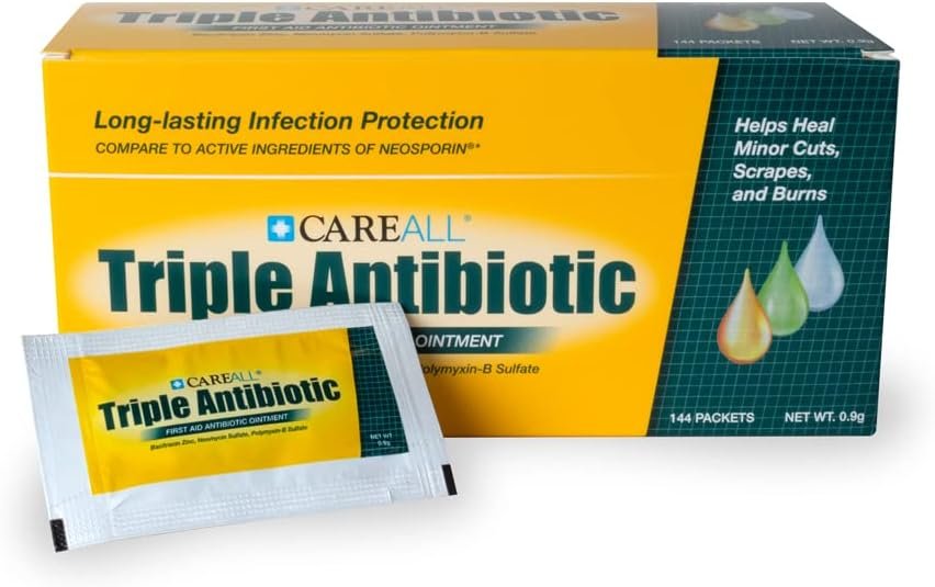 CareALL® Triple Antibiotic Ointment 0.9gr Pack of 144 Foil Packets, First Aid for Minor Scratches and Wounds and Prevents Infection, Compare to The Active Ingredients of Leading Brand.
