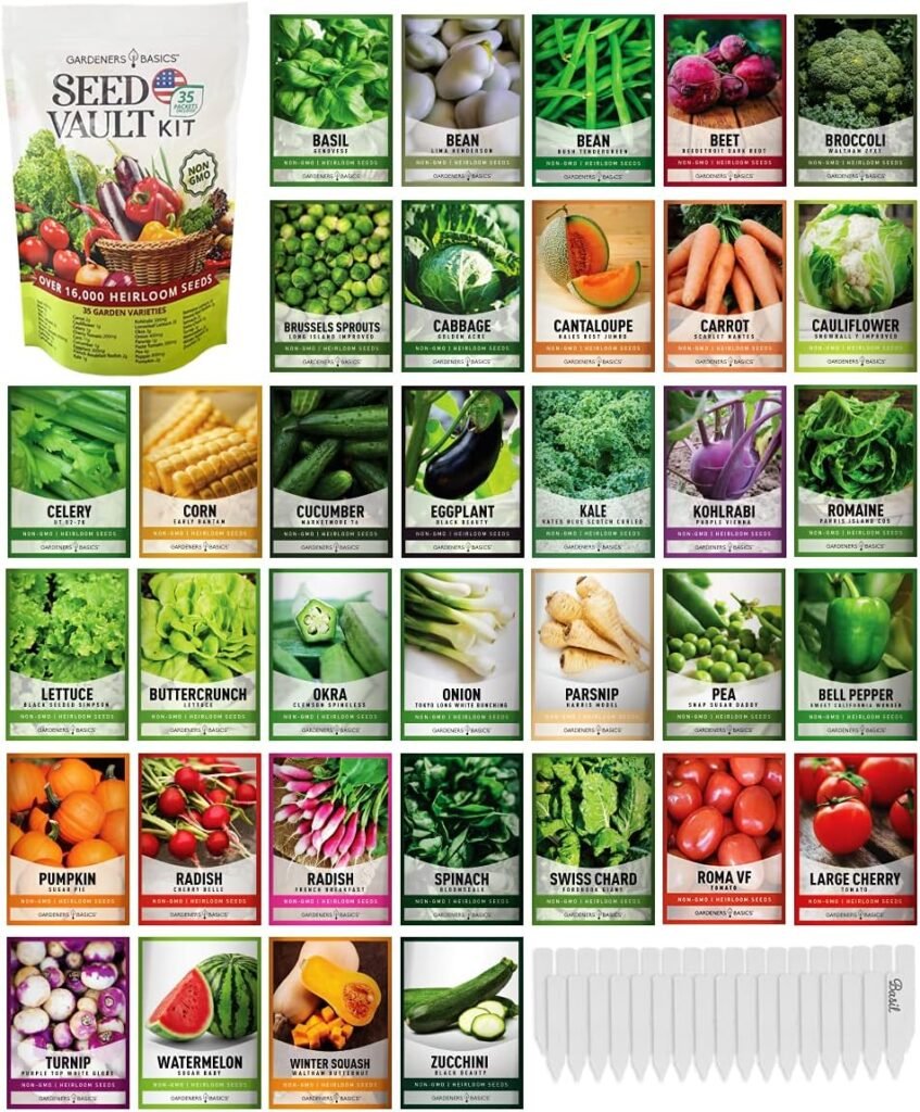 Gardeners Basics, Survival Vegetable Seeds Garden Kit Over 16,000 Seeds Non-GMO and Heirloom, Great for Emergency Bugout Survival Gear 35 Varieties Seeds for Planting Vegetables 35 Plant Markers