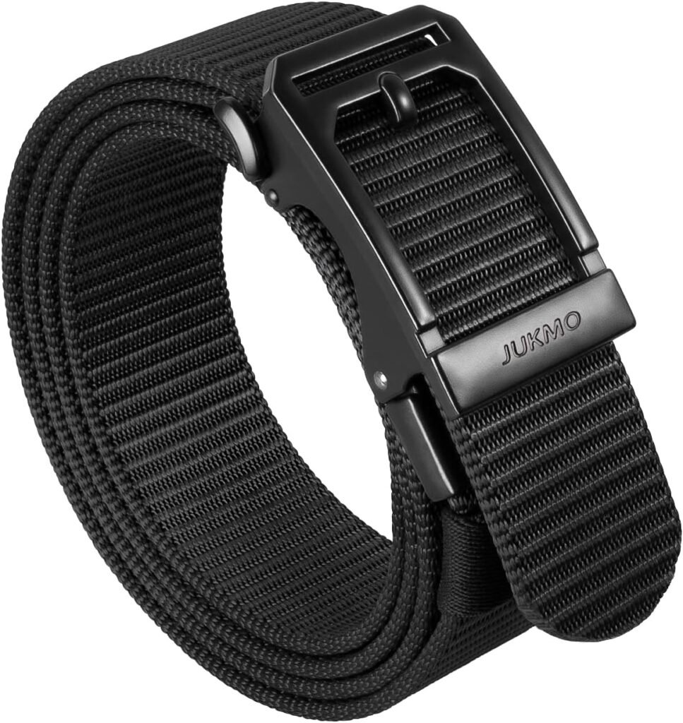 JUKMO Mens Ratchet Tactical Gun Belt, 1.5 Nylon Web Work Belt with Automatic Slide Buckle, Adjustable Trim to Fit