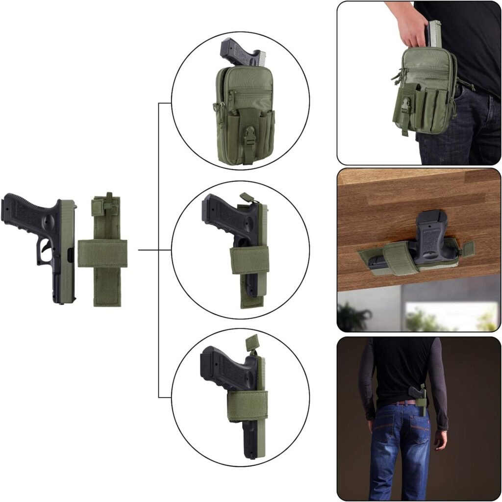 LarKoo Concealed Pistol Pouch Multipurpose Carry Gun Bag Waist Molle Bag Fanny Pack with Pistol Holster in 9 inch Length and Phone Belt Clip Holder for Less Than 7 inches Smartphone…