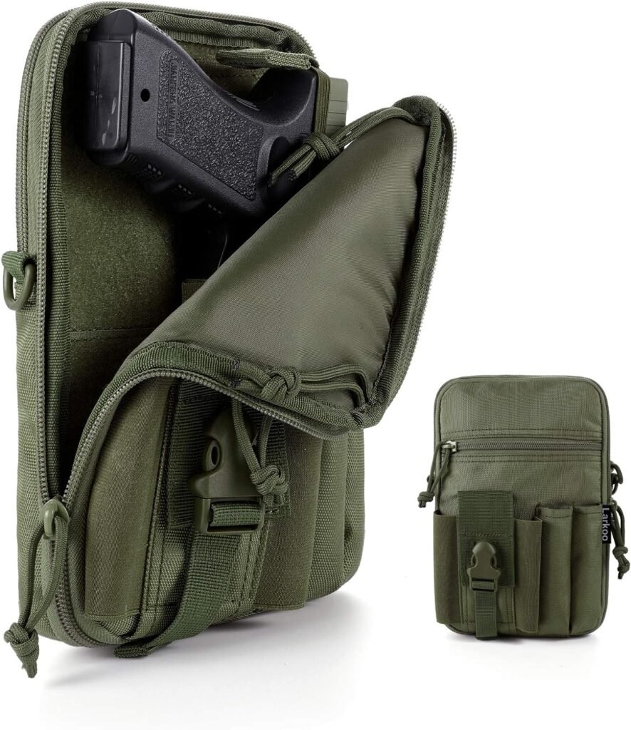 LarKoo Concealed Pistol Pouch Multipurpose Carry Gun Bag Waist Molle Bag Fanny Pack with Pistol Holster in 9 inch Length and Phone Belt Clip Holder for Less Than 7 inches Smartphone…