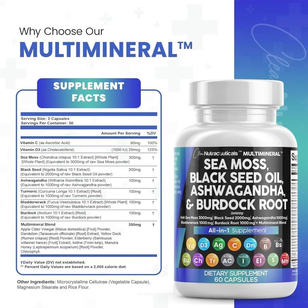 Sea Moss 3000mg Black Seed Oil 2000mg Ashwagandha 1000mg Turmeric 1000mg Bladderwrack 1000mg Burdock 1000mg  Vitamin C  D3 with Elderberry Manuka Dandelion Yellow Dock Iodine Chlorophyll ACV