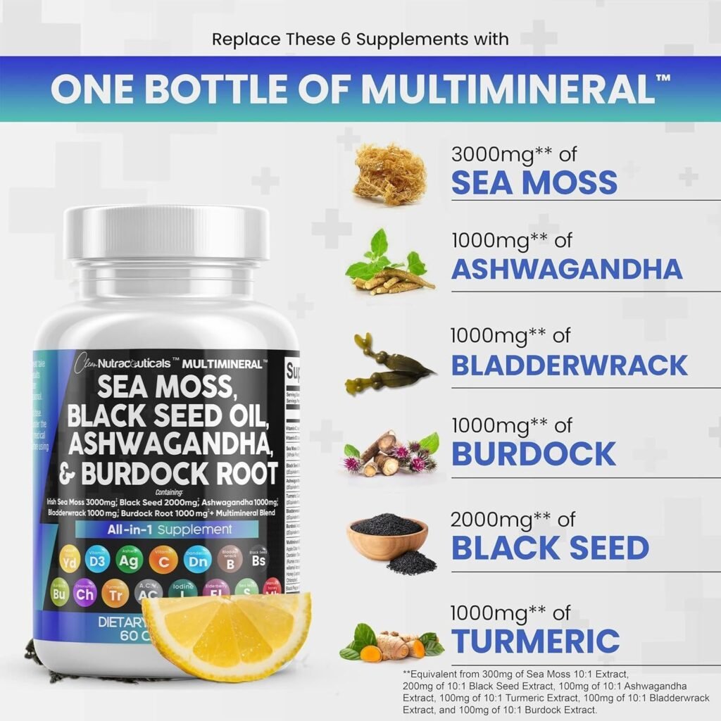 Sea Moss 3000mg Black Seed Oil 2000mg Ashwagandha 1000mg Turmeric 1000mg Bladderwrack 1000mg Burdock 1000mg  Vitamin C  D3 with Elderberry Manuka Dandelion Yellow Dock Iodine Chlorophyll ACV