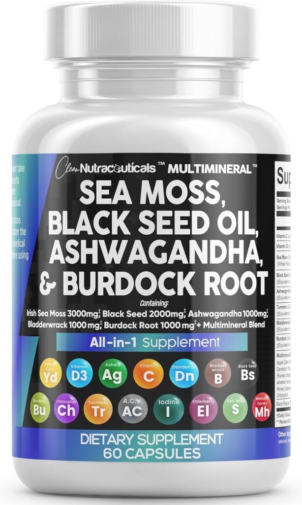 Sea Moss 3000mg Black Seed Oil 2000mg Ashwagandha 1000mg Turmeric 1000mg Bladderwrack 1000mg Burdock 1000mg  Vitamin C  D3 with Elderberry Manuka Dandelion Yellow Dock Iodine Chlorophyll ACV