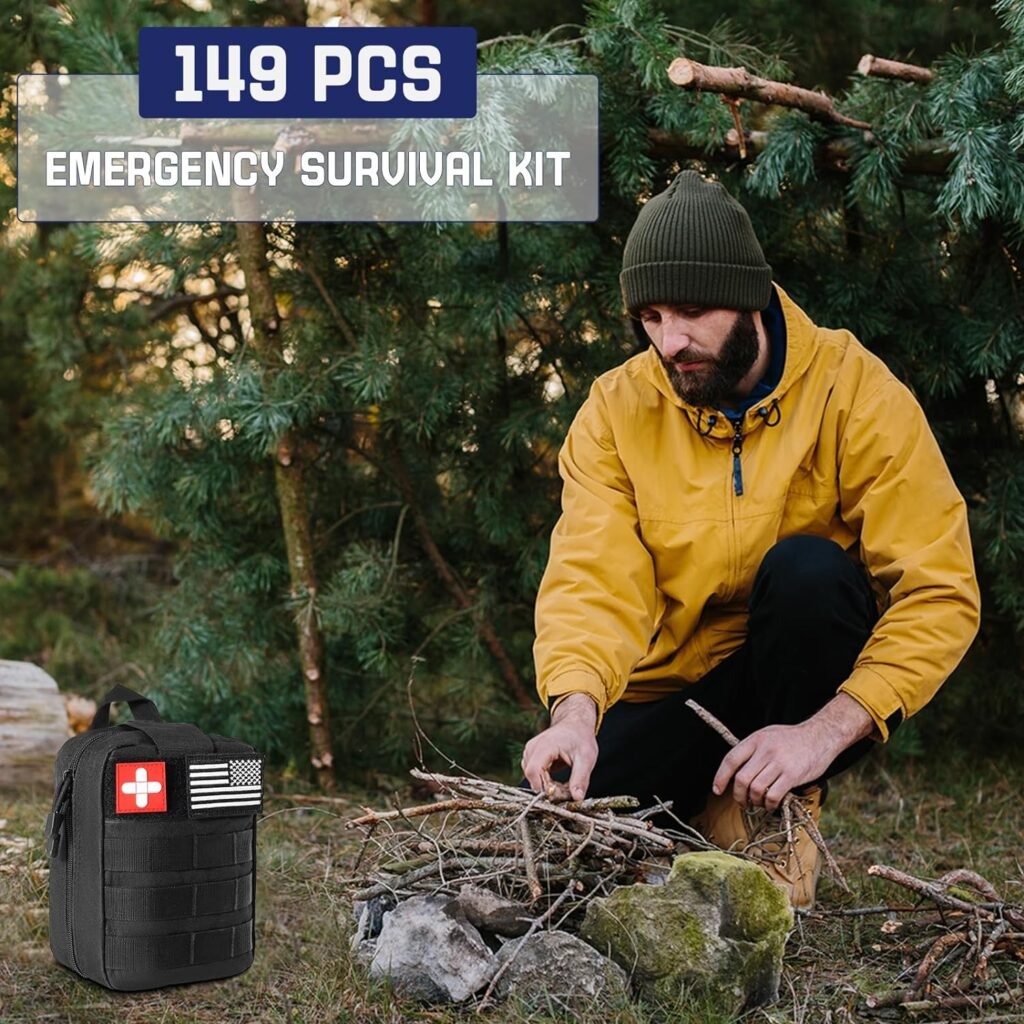 Survival Kits, 149Pcs Survival Gear First Aid Kit IFAK with Molle System Essential Camping Gear Emergency Medical Supplies for Car Fishing Hunting Outdoor Adventure
