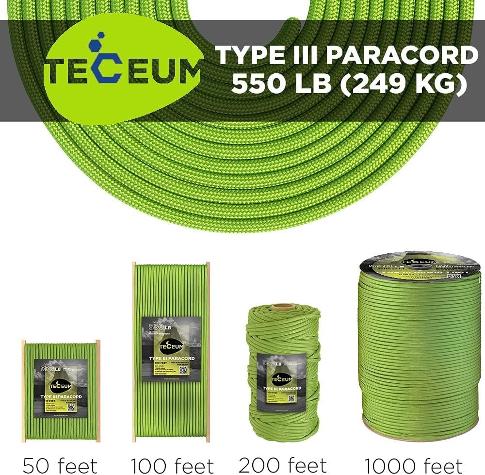 TECEUM Paracord 550 lb – Ideal for Crafting, DIY Projects, Camping, Military  Active Outdoors – 40+ Colors – Tactical Parachute Cord Type III – Strong Survival Rope