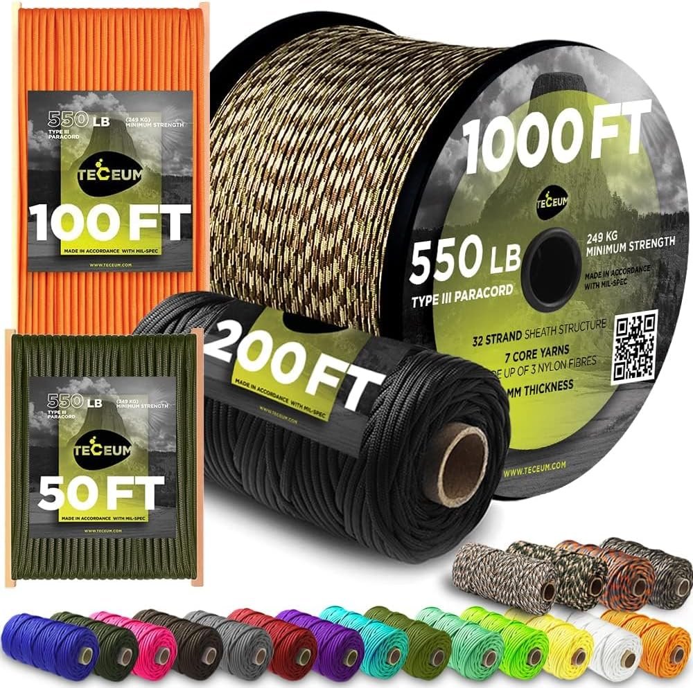 TECEUM Paracord 550 lb – Ideal for Crafting, DIY Projects, Camping, Military  Active Outdoors – 40+ Colors – Tactical Parachute Cord Type III – Strong Survival Rope