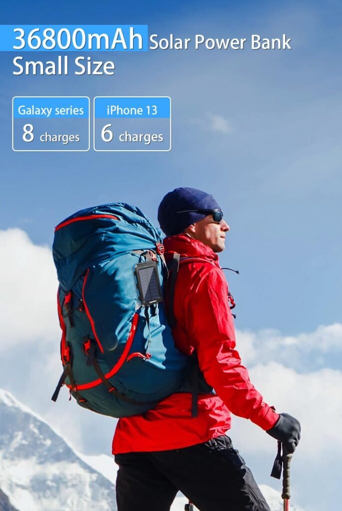 WONGKUO Solar Charger Power Bank - 𝟮𝟬𝟮𝟰 𝙐𝙥𝙜𝙧𝙖𝙙𝙚 36,800mAh Portable Solar Phone Charger, QC3.0 Fast Charger with LED Flashlight, IP65 Waterproof Power Bank Perfect for Outdoor Camping Hiking
